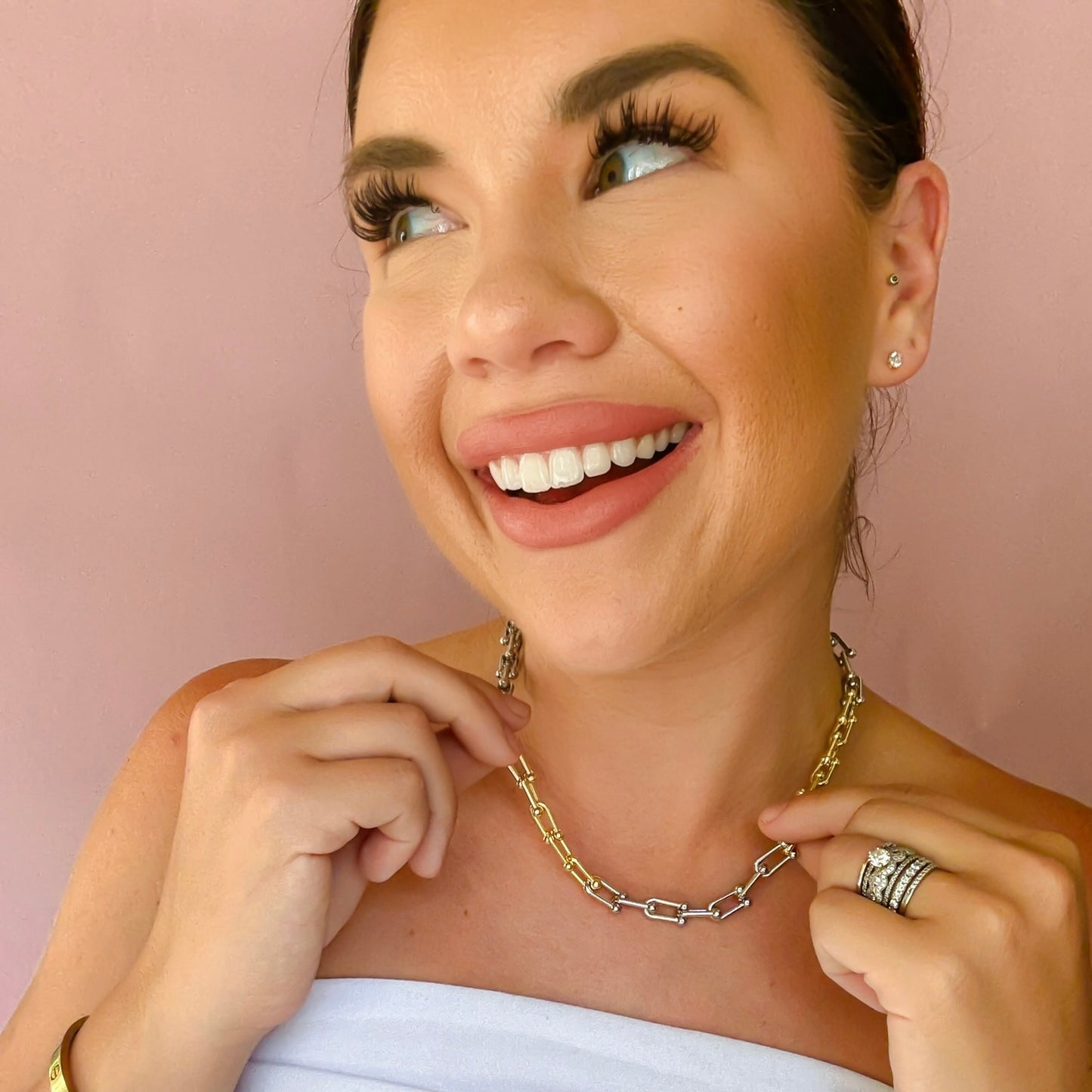 Two tone gold and silver link chain necklace with beaded details, modern accessory for wholesale jewelry for women’s boutiques and boutique wholesale jewelry, waterproof necklace that is hypoallergenic and tarnish free