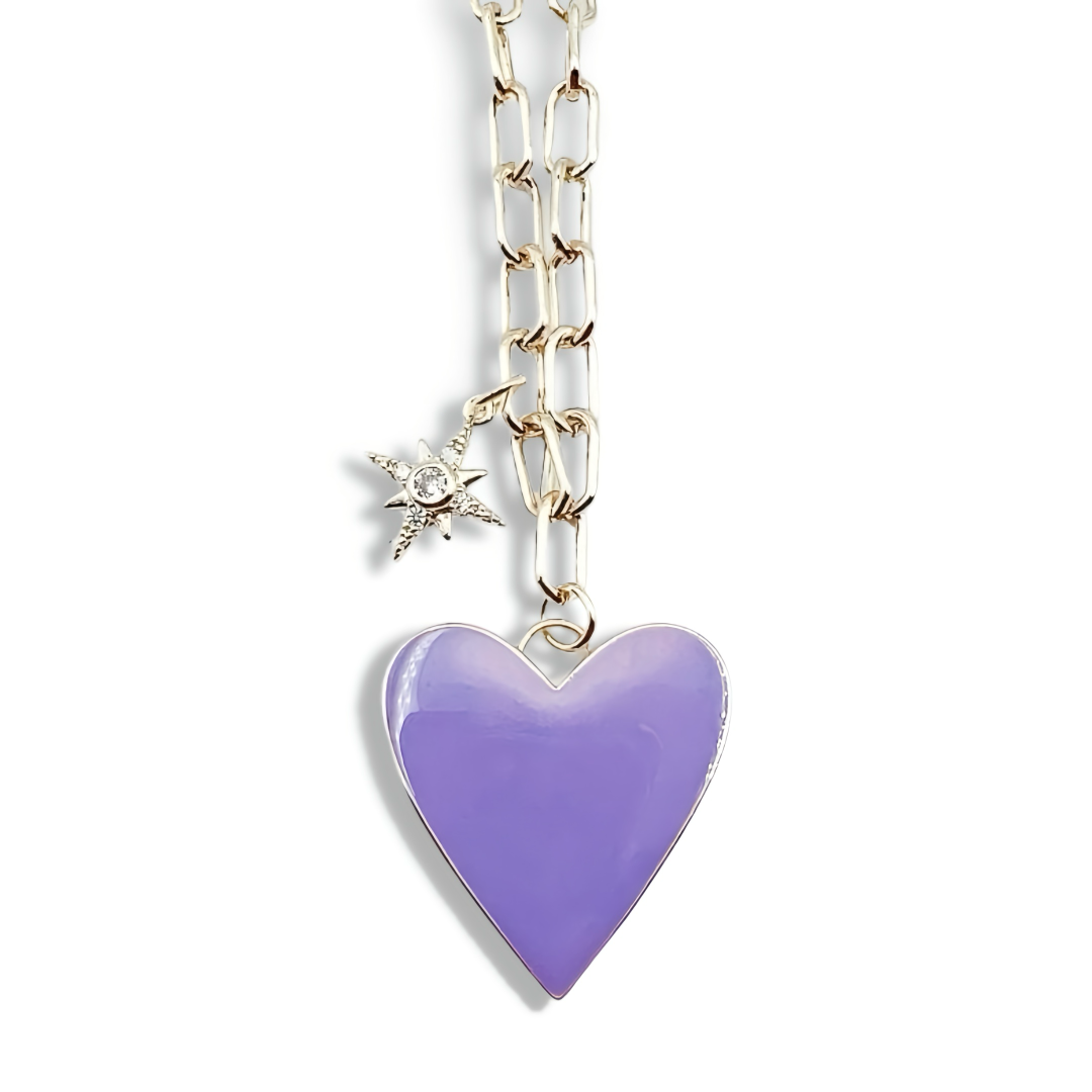 Enamel Heart/Star Necklace Purple