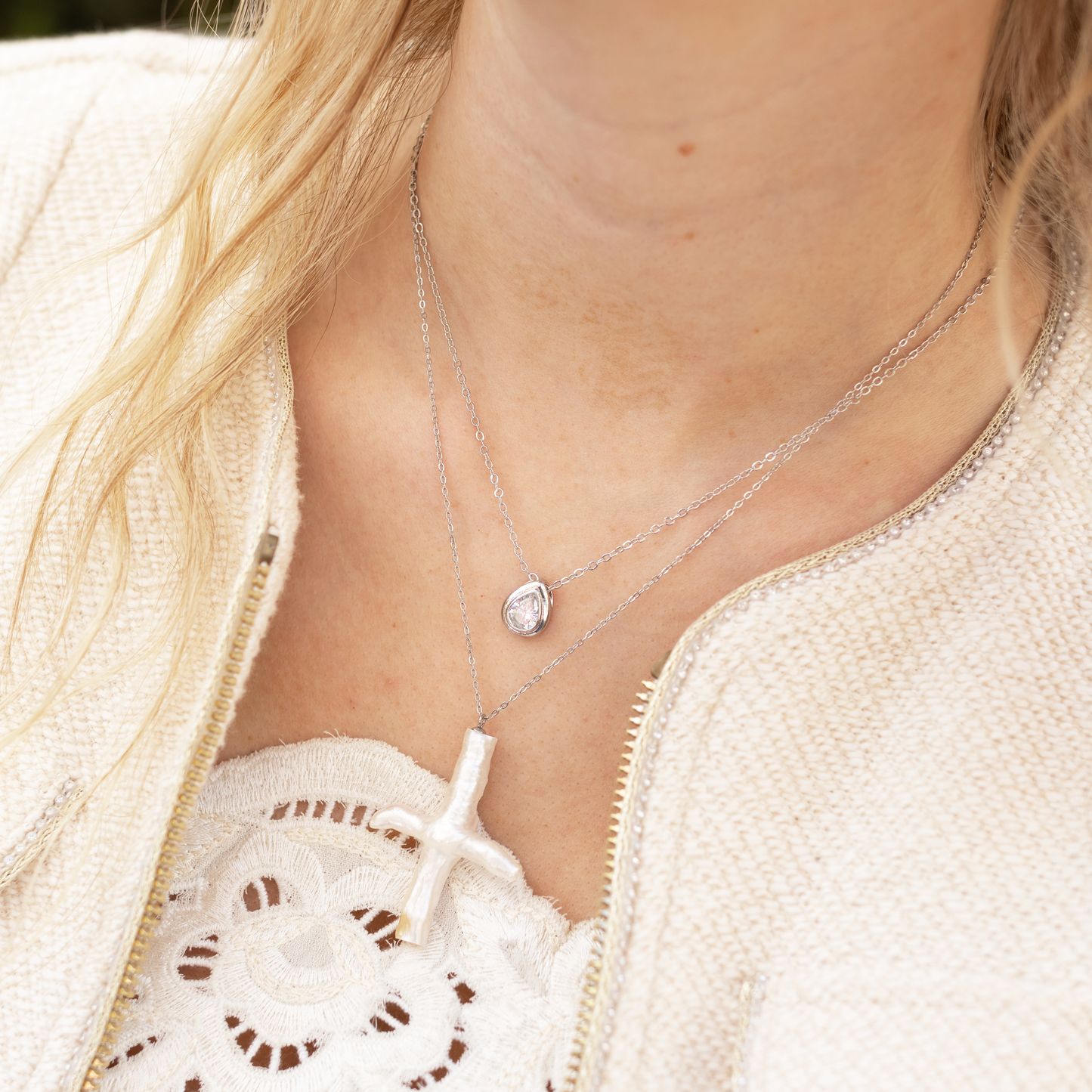Heavenly Pearl Cross Necklace Silver