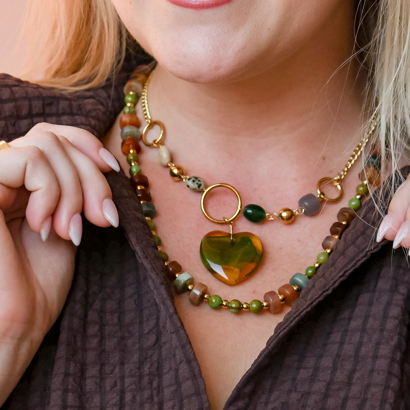 Dainty gold layered necklace, wholesale jewelry for women's boutiques, statement accessory, boutique wholesale jewelry, waterproof necklaces, statement gold necklace,trendy Gold necklace, waterproof gold necklace, hypoallergenic gold necklace,tarnish free Gold necklace, statement gold necklace,amber green heart pendant