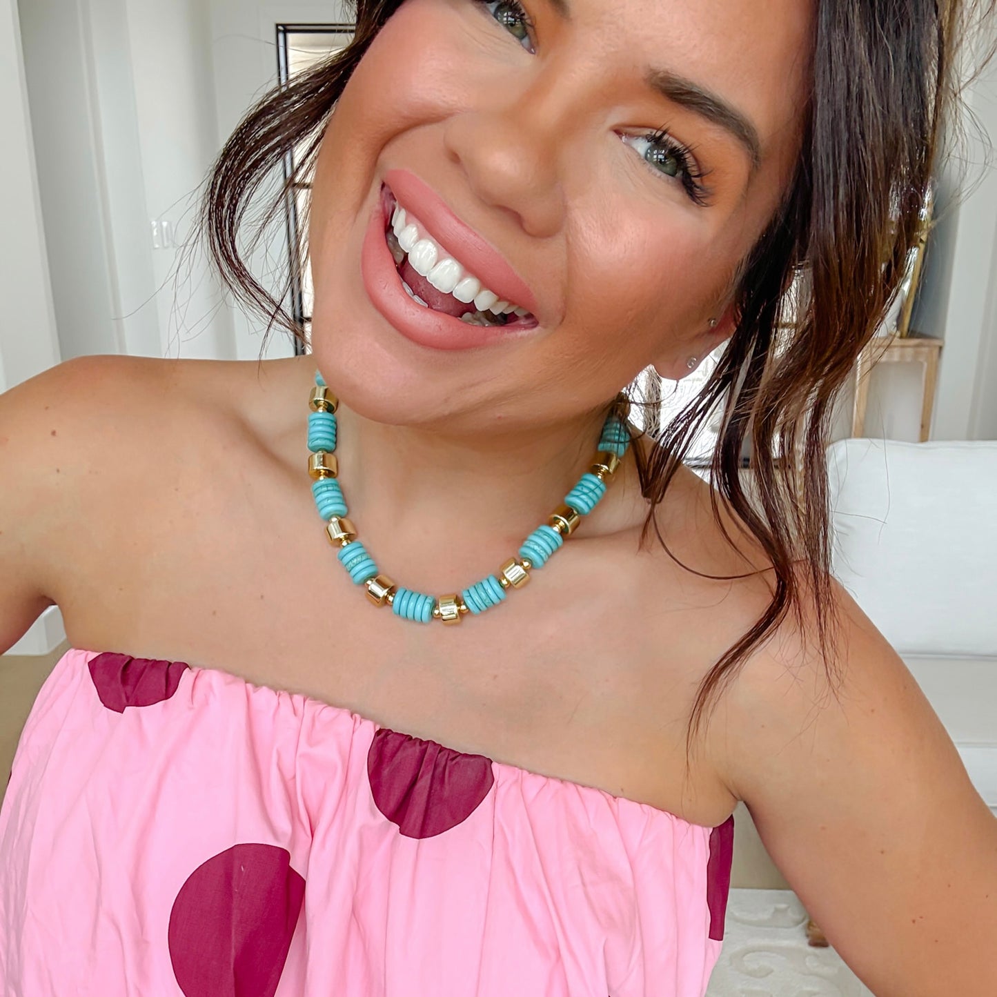 Colorful charms gold necklace featuring gemstone details, layered jewelry design, trendy accessory for women’s jewelry collections, boutique wholesale fashion necklace that is hypoallergenic, tarnish free, and waterproof jewelry with a cute aesthetic statement style