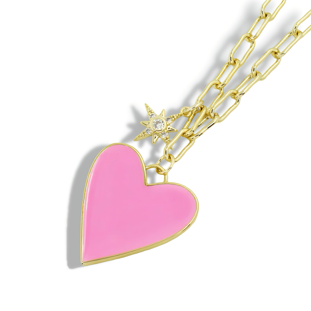 Enamel Heart/Star Necklace Light Pink