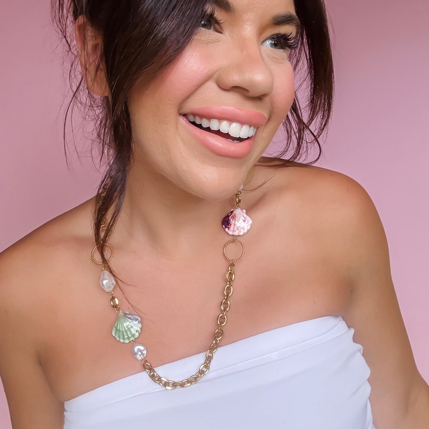 Colorful charms gold necklace featuring gemstone details, layered jewelry design, trendy accessory for women’s jewelry collections, boutique wholesale fashion necklace that is hypoallergenic, tarnish free, and waterproof jewelry with a cute aesthetic statement style