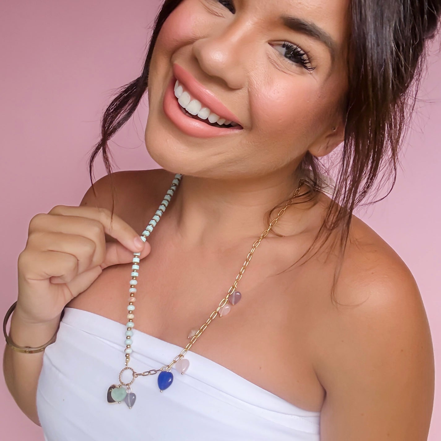 Colorful charms gold necklace featuring gemstone details, layered jewelry design, trendy accessory for women’s jewelry collections, boutique wholesale fashion necklace that is hypoallergenic, tarnish free, and waterproof jewelry with a cute aesthetic statement style