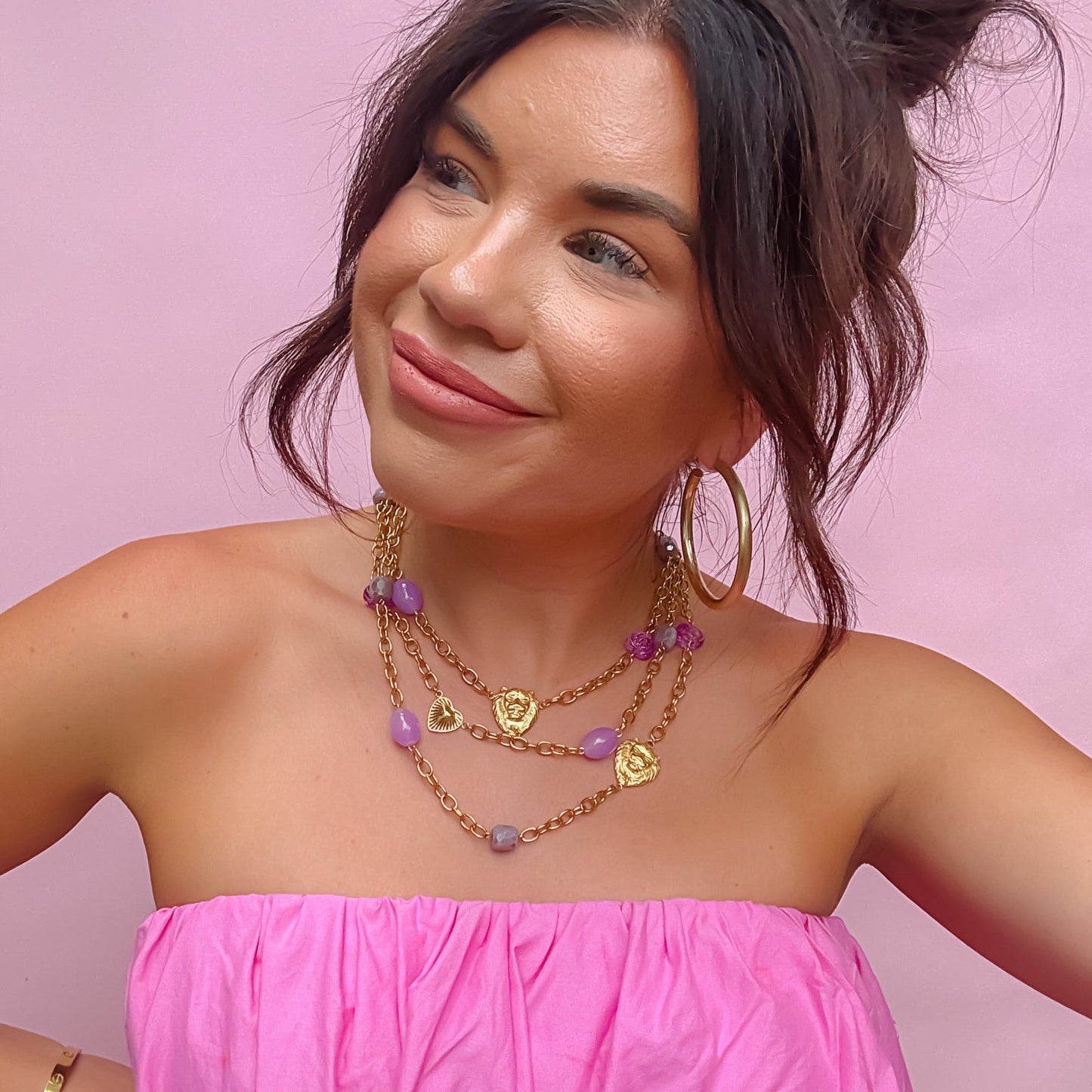 gold chain necklace with purple beads and lion charms, dainty jewelry, boutique wholesale accessories, statement piece, trendy fashion, waterproof, hypoallergenic, tarnish free