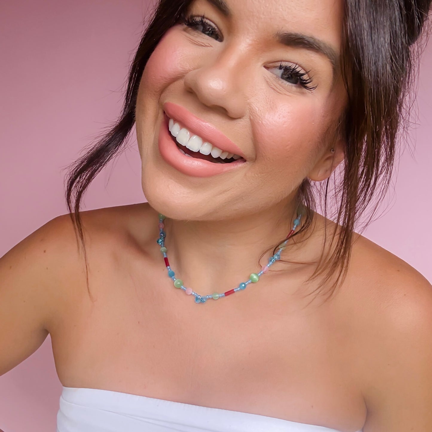 Colorful charms gold necklace featuring gemstone details, layered jewelry design, trendy accessory for women’s jewelry collections, boutique wholesale fashion necklace that is hypoallergenic, tarnish free, and waterproof jewelry with a cute aesthetic statement style