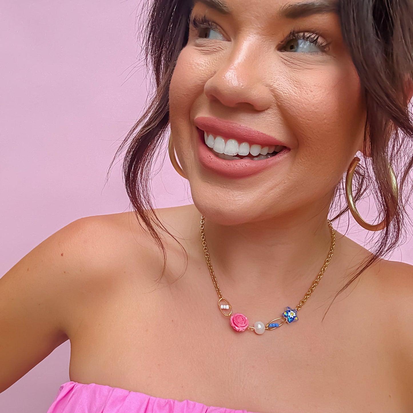 Colorful charms gold necklace featuring gemstone details, layered jewelry design, trendy accessory for women’s jewelry collections, boutique wholesale fashion necklace that is hypoallergenic, tarnish free, and waterproof jewelry with a cute aesthetic statement style