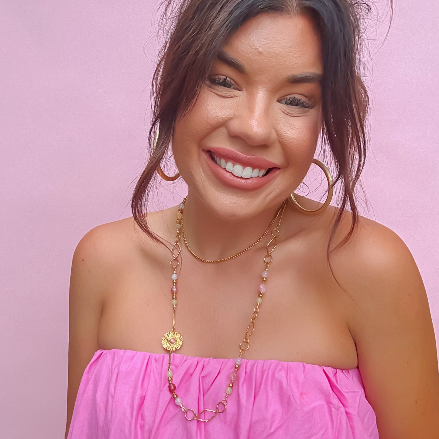 Colorful charms gold necklace featuring gemstone details, layered jewelry design, trendy accessory for women’s jewelry collections, boutique wholesale fashion necklace that is hypoallergenic, tarnish free, and waterproof jewelry with a cute aesthetic statement style