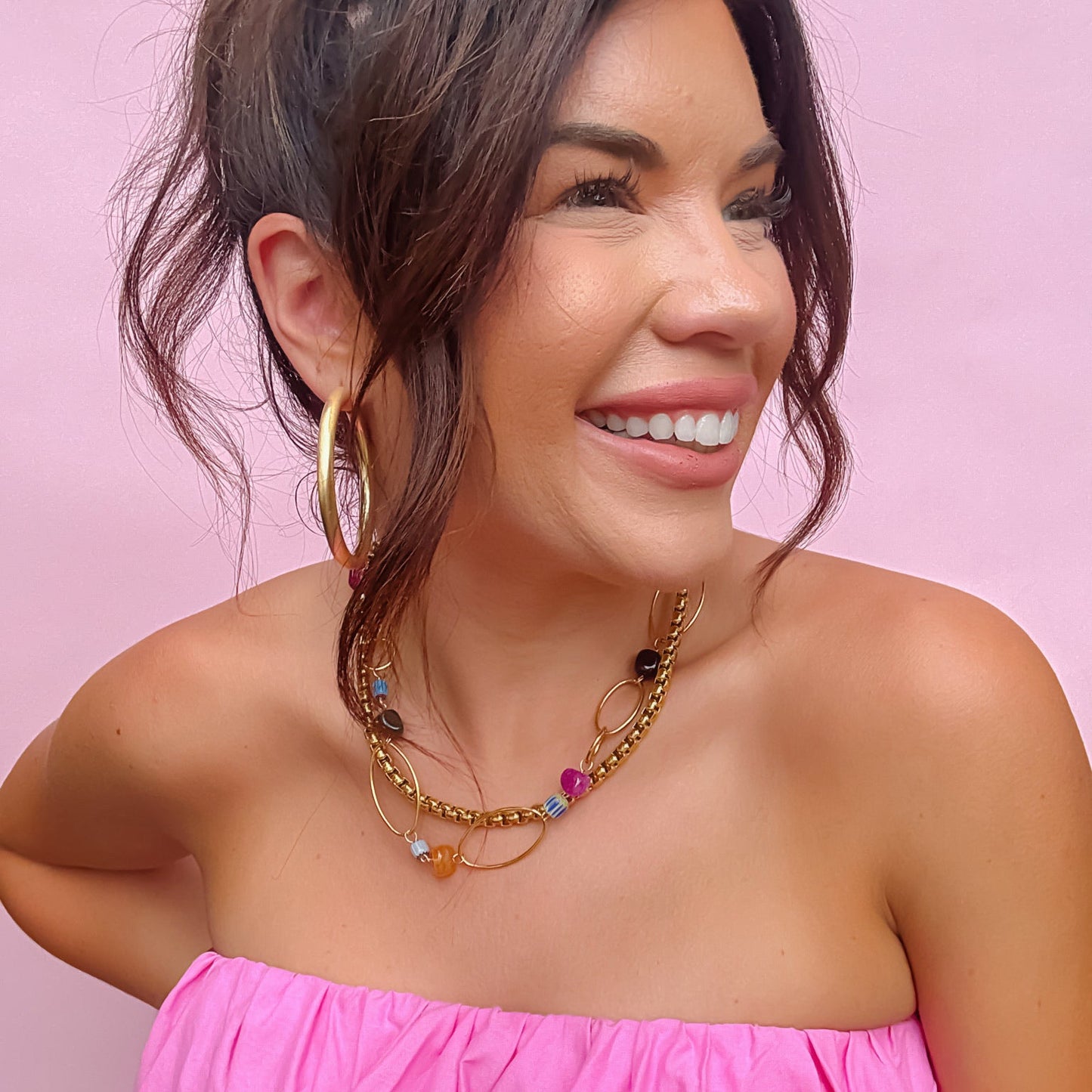 Colorful charms gold necklace featuring gemstone details, layered jewelry design, trendy accessory for women’s jewelry collections, boutique wholesale fashion necklace that is hypoallergenic, tarnish free, and waterproof jewelry with a cute aesthetic statement style