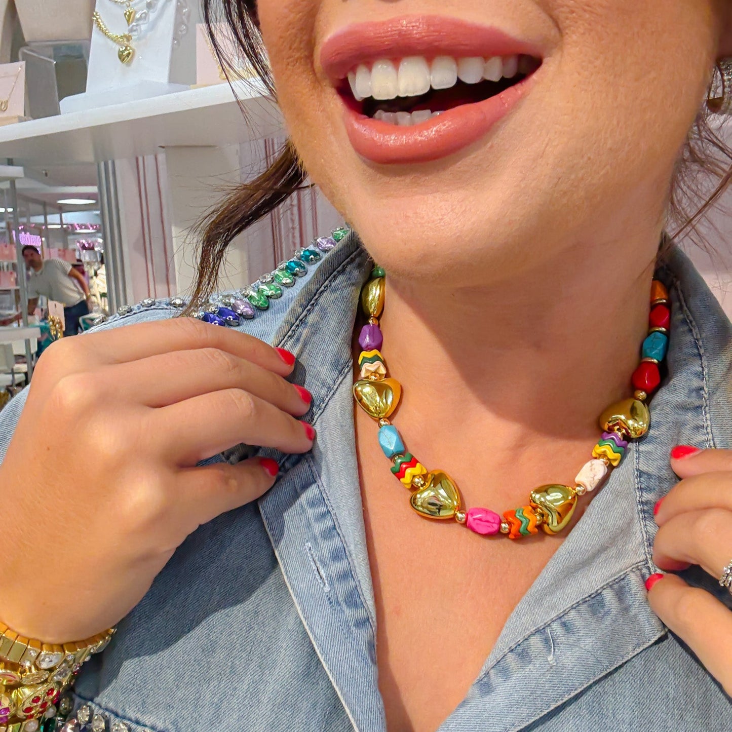 Colorful charms gold necklace featuring gemstone details, layered jewelry design, trendy accessory for women’s jewelry collections, boutique wholesale fashion necklace that is hypoallergenic, tarnish free, and waterproof jewelry with a cute aesthetic statement style