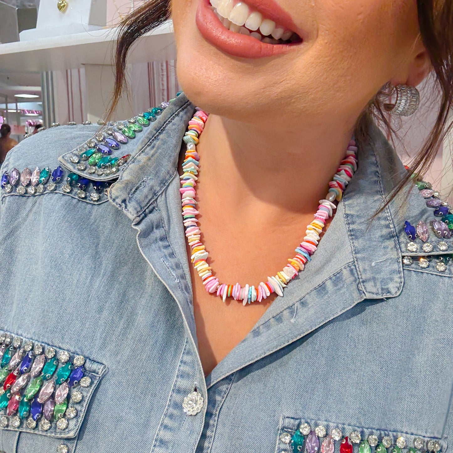 Colorful charms gold necklace featuring gemstone details, layered jewelry design, trendy accessory for women’s jewelry collections, boutique wholesale fashion necklace that is hypoallergenic, tarnish free, and waterproof jewelry with a cute aesthetic statement style