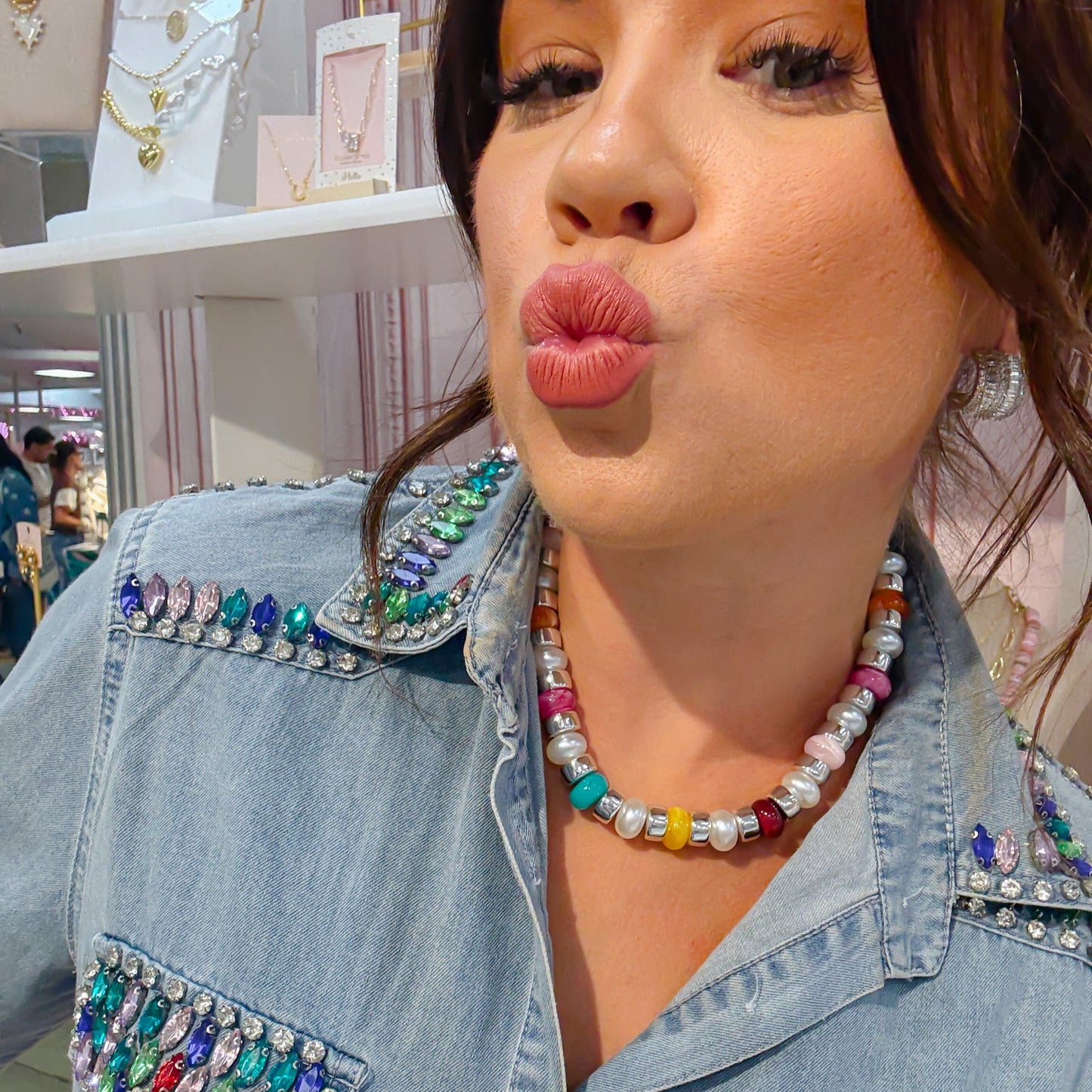 Colorful charms silver necklace featuring gemstone details, layered jewelry design, trendy accessory for women’s jewelry collections, boutique wholesale fashion necklace that is hypoallergenic, tarnish free, and waterproof jewelry with a cute aesthetic statement style