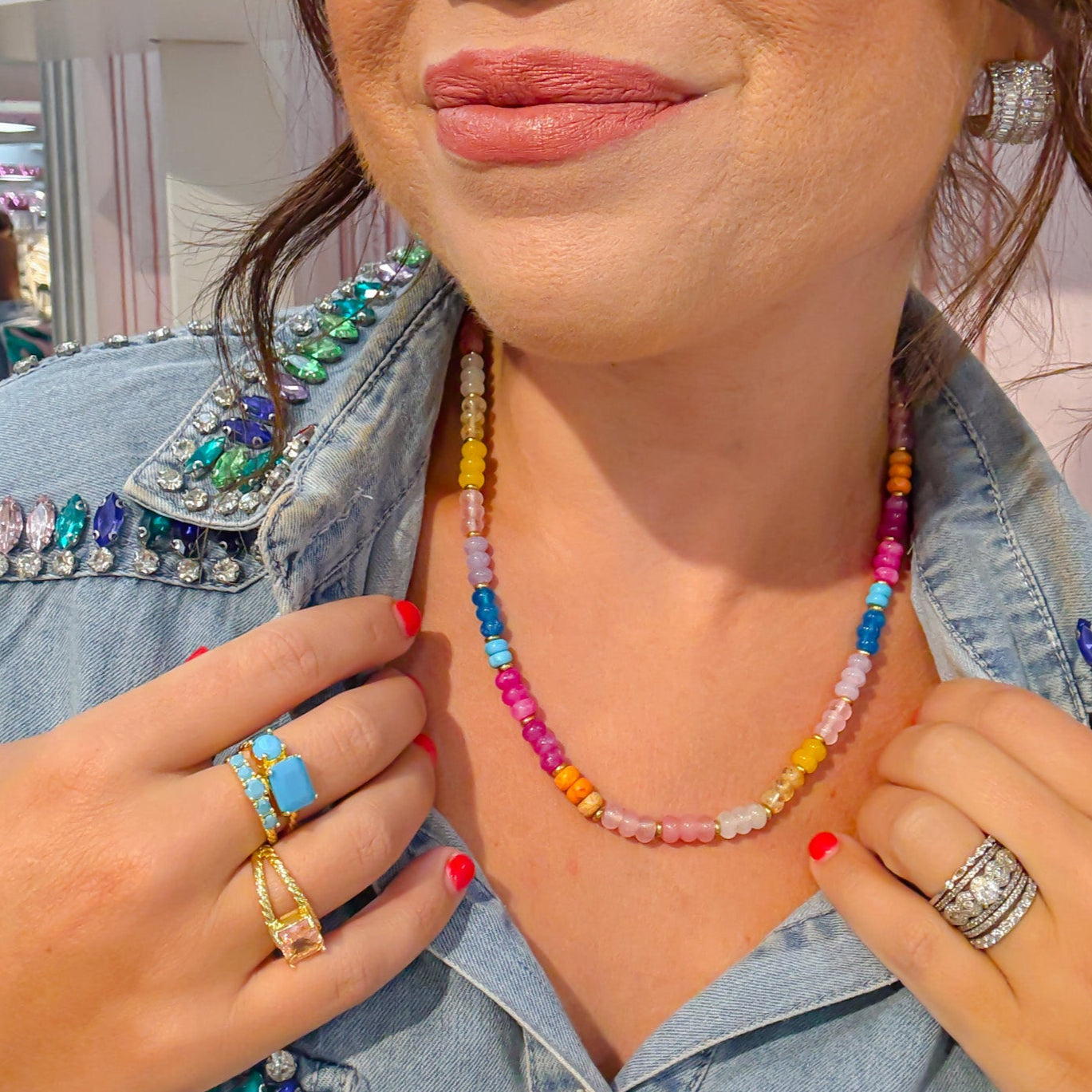 Colorful charms gold necklace featuring gemstone details, layered jewelry design, trendy accessory for women’s jewelry collections, boutique wholesale fashion necklace that is hypoallergenic, tarnish free, and waterproof jewelry with a cute aesthetic statement style