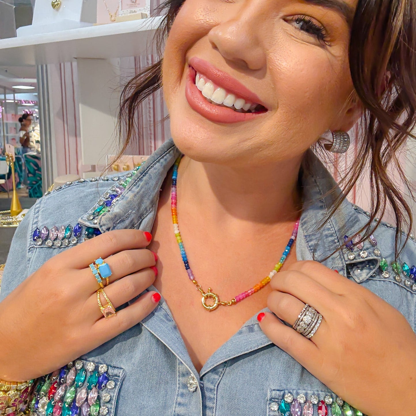 Colorful charms gold necklace featuring gemstone details, layered jewelry design, trendy accessory for women’s jewelry collections, boutique wholesale fashion necklace that is hypoallergenic, tarnish free, and waterproof jewelry with a cute aesthetic statement style