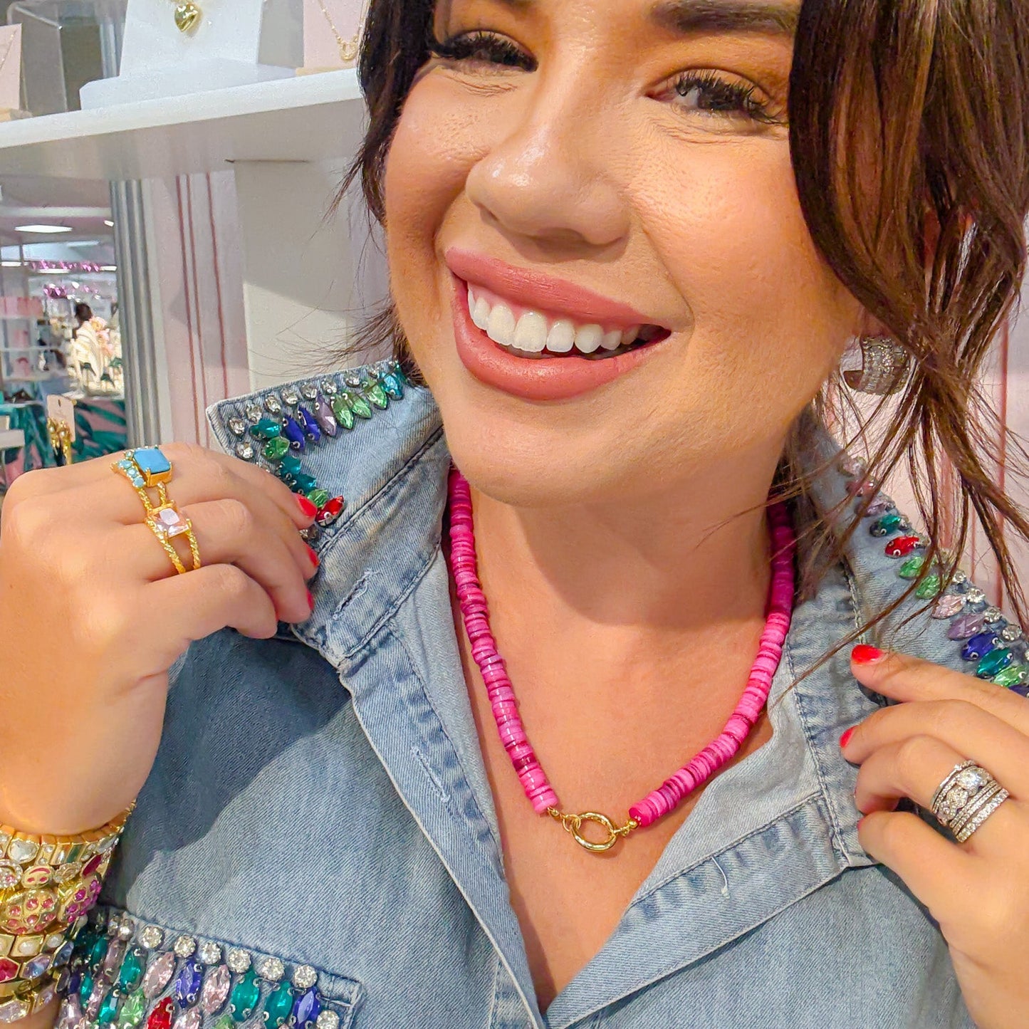 Colorful charms gold necklace featuring gemstone details, layered jewelry design, trendy accessory for women’s jewelry collections, boutique wholesale fashion necklace that is hypoallergenic, tarnish free, and waterproof jewelry with a cute aesthetic statement style