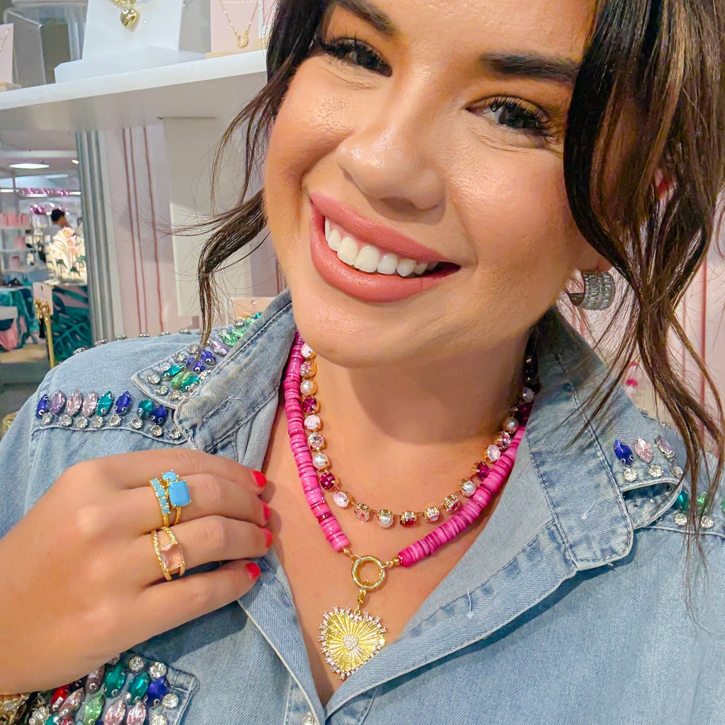 Colorful charms gold necklace featuring gemstone details, layered jewelry design, trendy accessory for women’s jewelry collections, boutique wholesale fashion necklace that is hypoallergenic, tarnish free, and waterproof jewelry with a cute aesthetic statement style