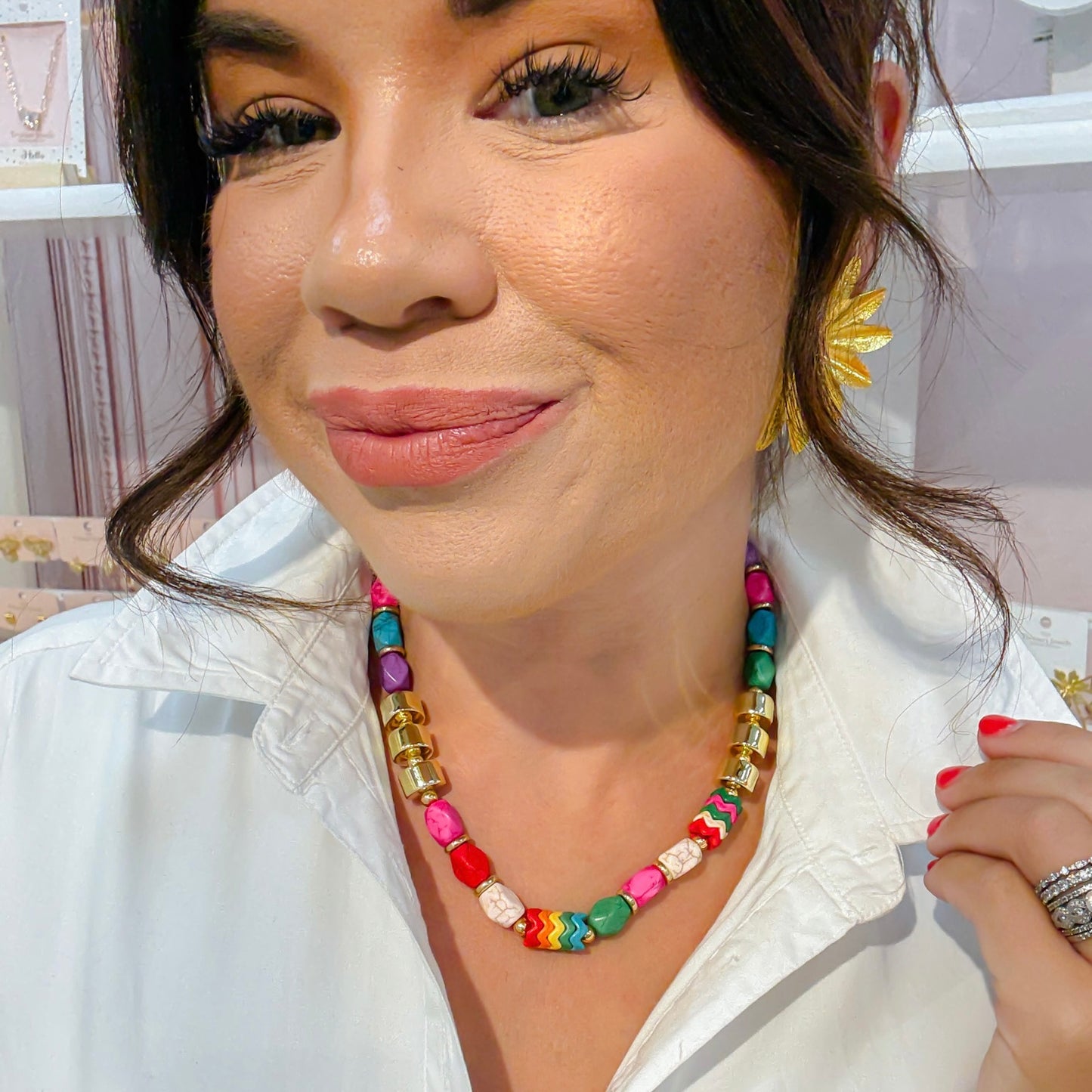 Colorful charms gold necklace featuring gemstone details, layered jewelry design, trendy accessory for women’s jewelry collections, boutique wholesale fashion necklace that is hypoallergenic, tarnish free, and waterproof jewelry with a cute aesthetic statement style