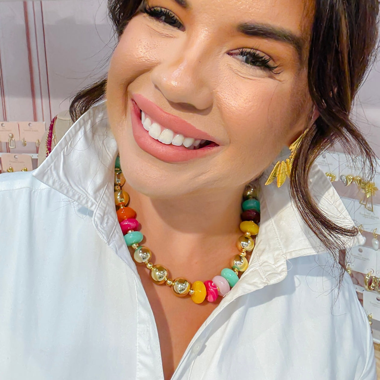 Colorful charms gold necklace featuring gemstone details, layered jewelry design, trendy accessory for women’s jewelry collections, boutique wholesale fashion necklace that is hypoallergenic, tarnish free, and waterproof jewelry with a cute aesthetic statement style