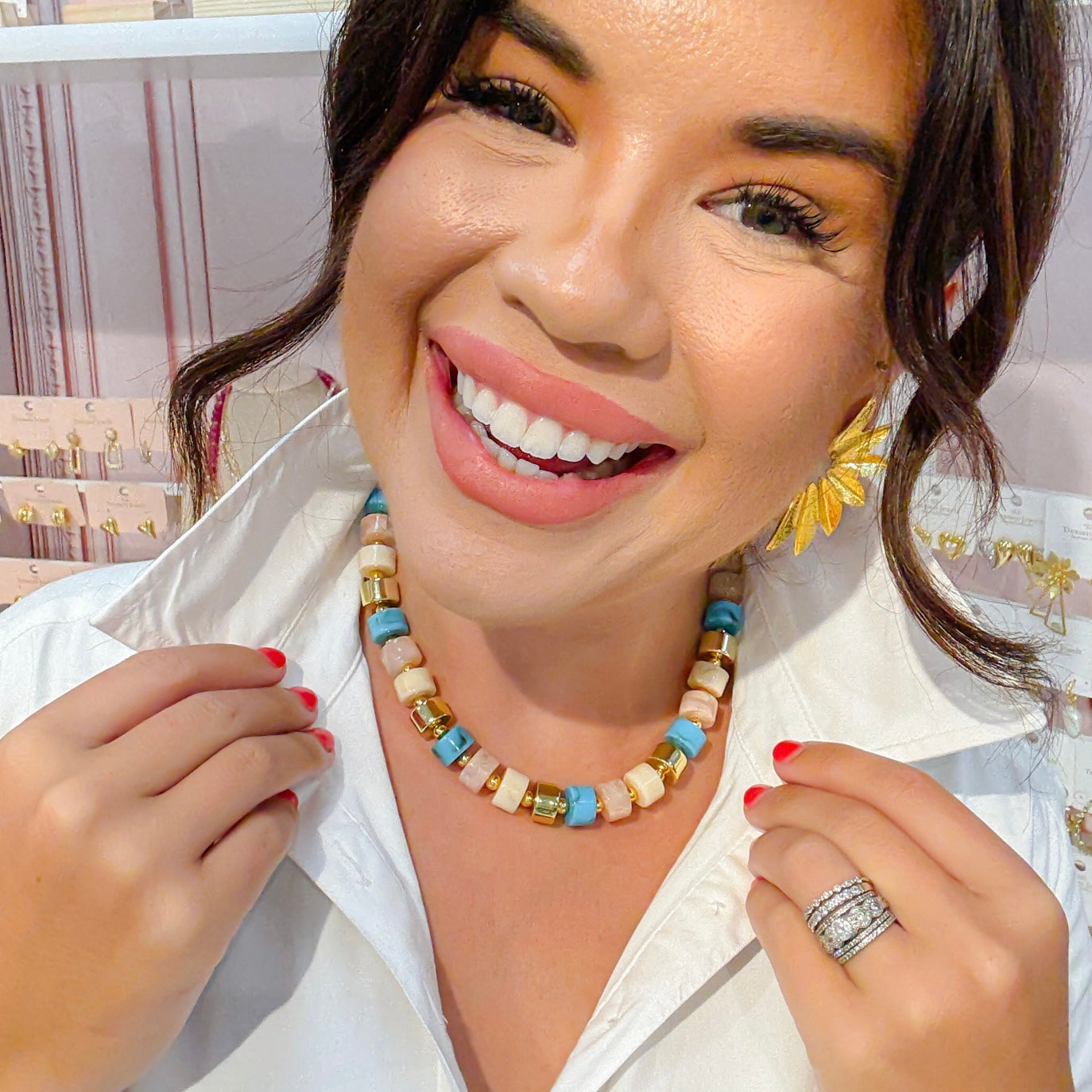 Colorful charms gold necklace featuring gemstone details, layered jewelry design, trendy accessory for women’s jewelry collections, boutique wholesale fashion necklace that is hypoallergenic, tarnish free, and waterproof jewelry with a cute aesthetic statement style