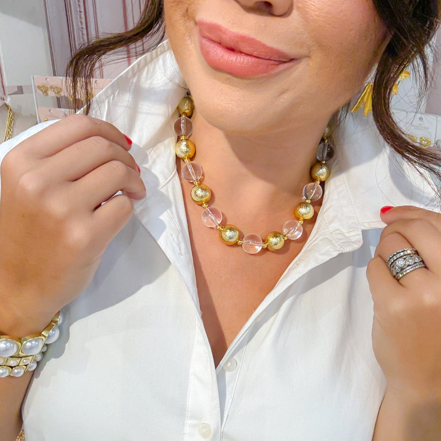 Colorful charms gold necklace featuring gemstone details, layered jewelry design, trendy accessory for women’s jewelry collections, boutique wholesale fashion necklace that is hypoallergenic, tarnish free, and waterproof jewelry with a cute aesthetic statement style