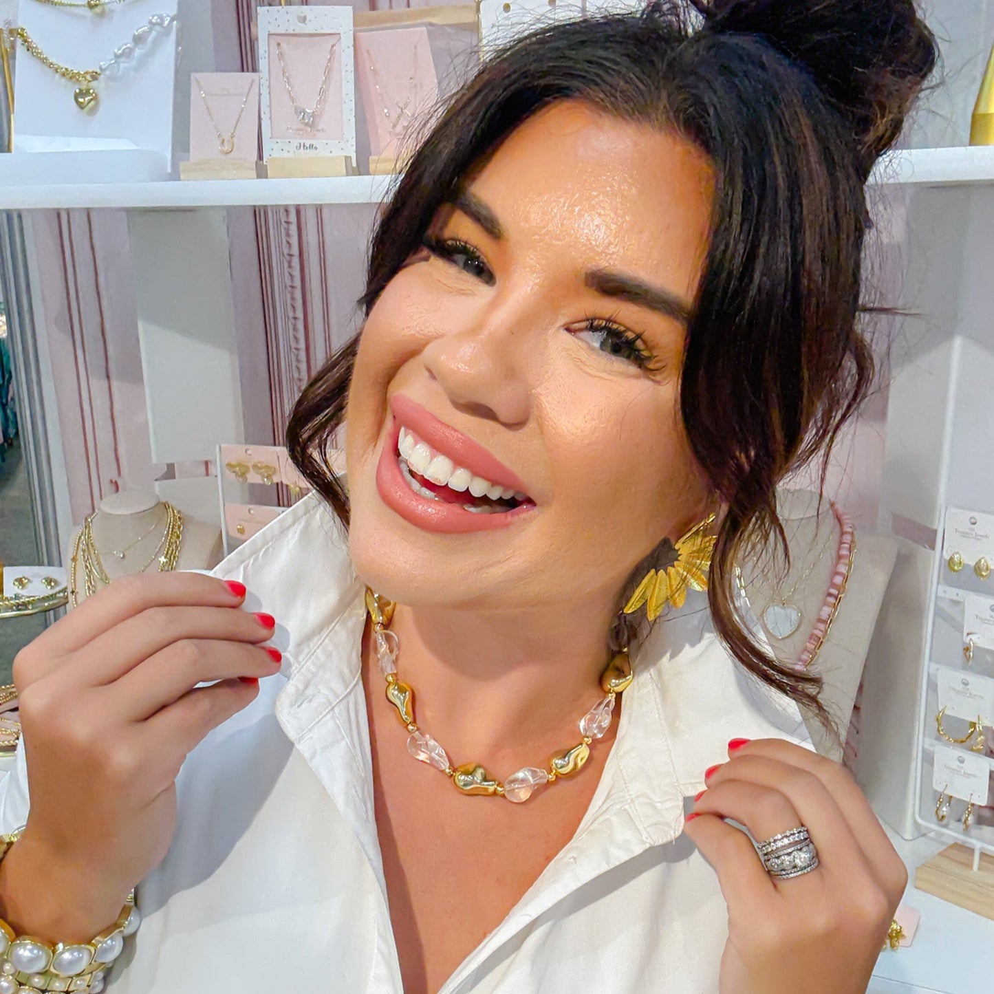 Colorful charms gold necklace featuring gemstone details, layered jewelry design, trendy accessory for women’s jewelry collections, boutique wholesale fashion necklace that is hypoallergenic, tarnish free, and waterproof jewelry with a cute aesthetic statement style