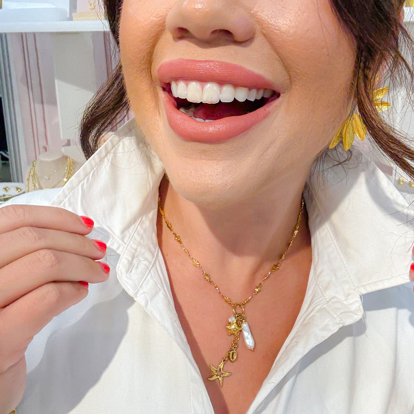 Colorful charms gold necklace featuring gemstone details, layered jewelry design, trendy accessory for women’s jewelry collections, boutique wholesale fashion necklace that is hypoallergenic, tarnish free, and waterproof jewelry with a cute aesthetic statement style