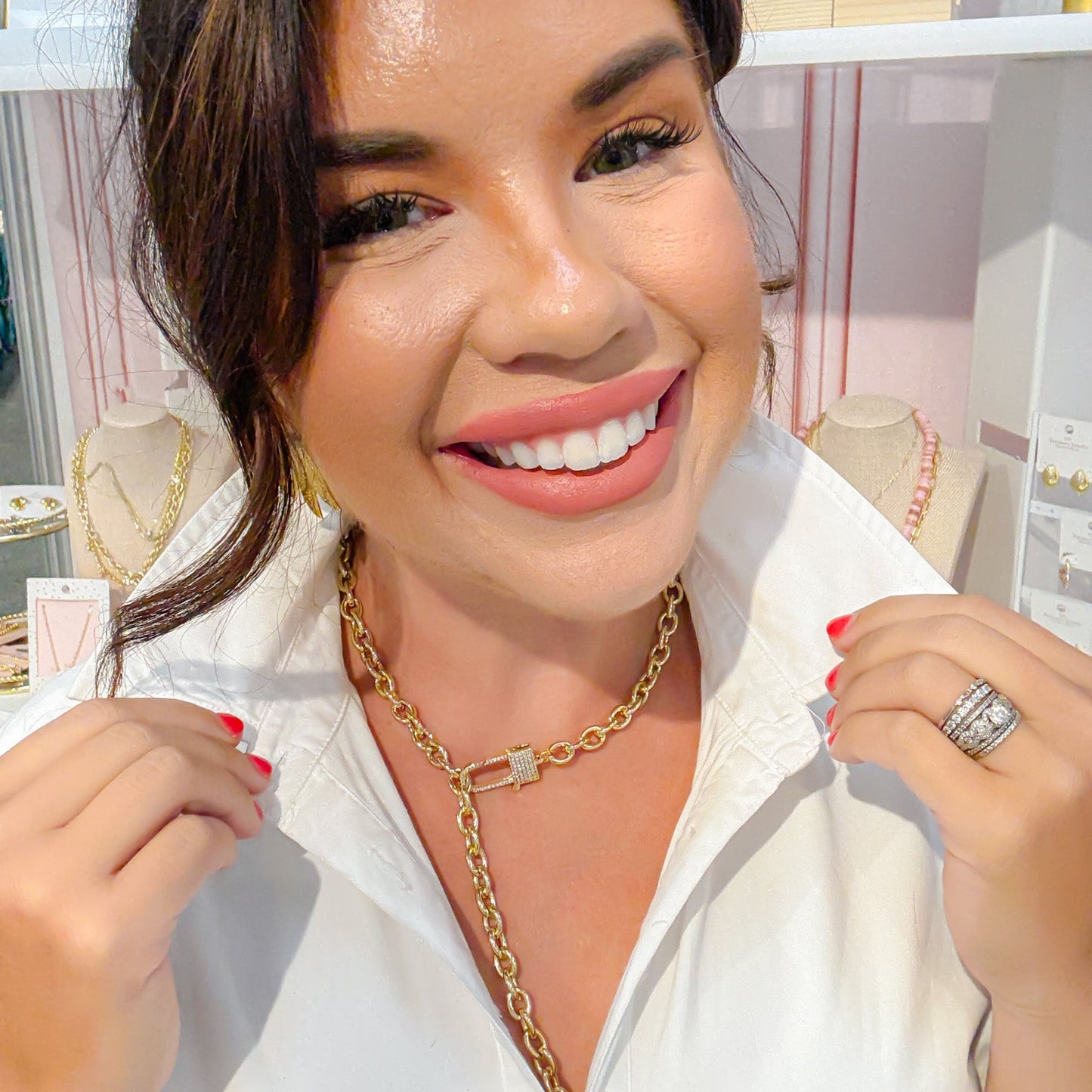 Dainty gold necklace with chunky gold links and pavé-studded lock clasp, waterproof, hypoallergenic and tarnish-free, bold and trendy accessory for women’s boutique jewelry