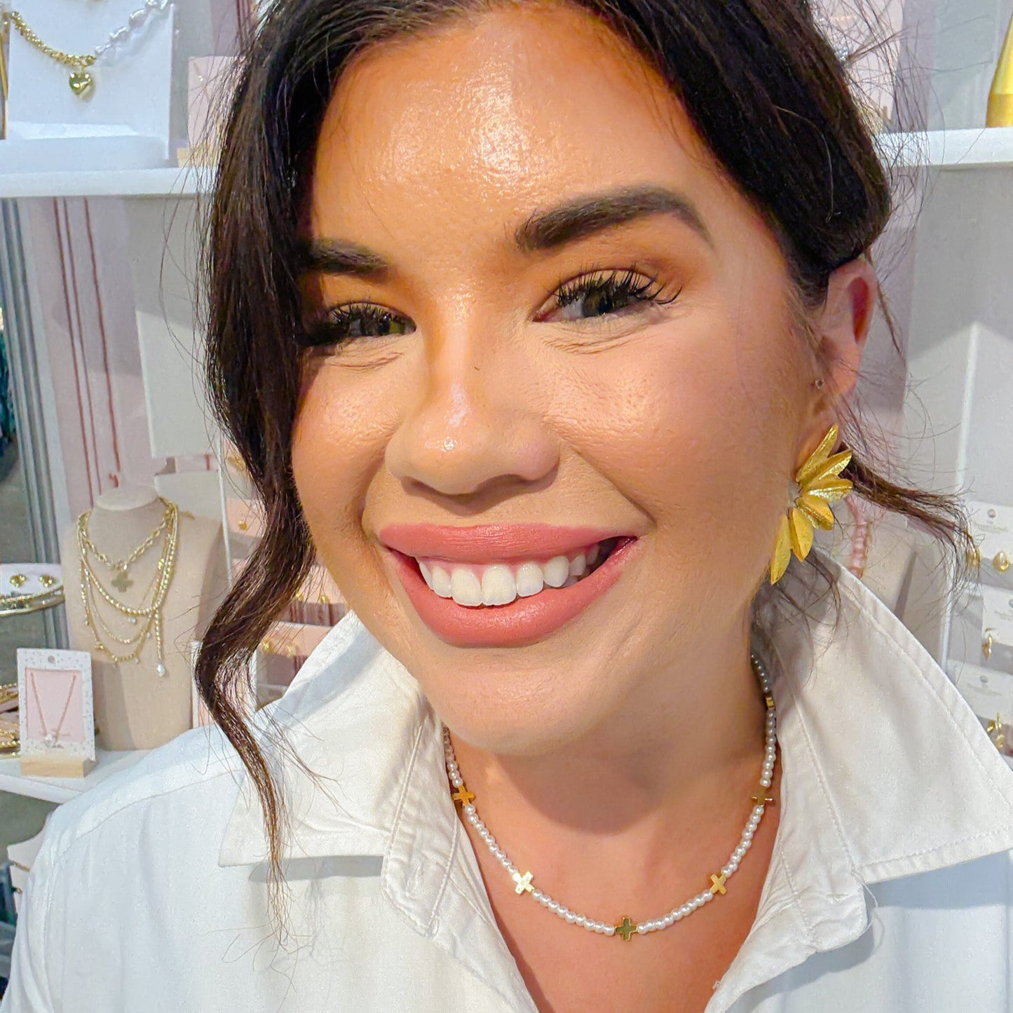 dainty gold layered necklace with small white pearls and gold cross charms, wholesale jewelry for women boutiques, statement accessories, waterproof, hypoallergenic, tarnish free