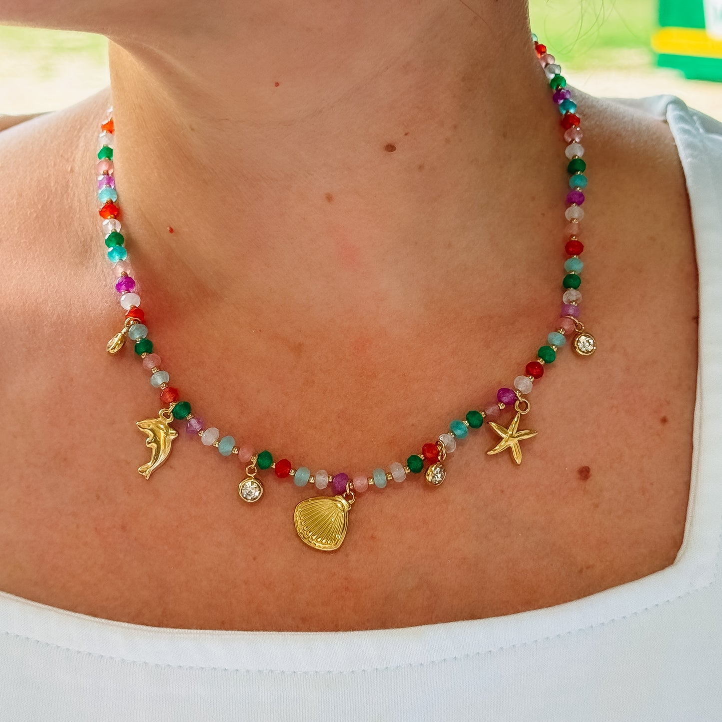 Colorful charms gold necklace featuring gemstone details, layered jewelry design, trendy accessory for women’s jewelry collections, boutique wholesale fashion necklace that is hypoallergenic, tarnish free, and waterproof jewelry with a cute aesthetic statement style