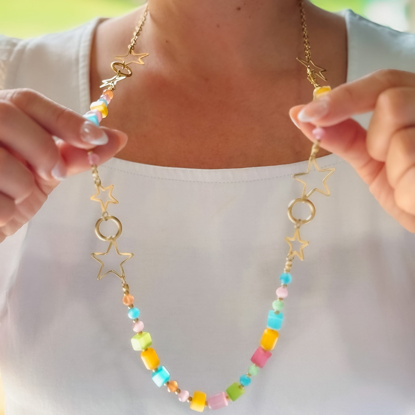 Colorful charms gold necklace featuring gemstone details, layered jewelry design, trendy accessory for women’s jewelry collections, boutique wholesale fashion necklace that is hypoallergenic, tarnish free, and waterproof jewelry with a cute aesthetic statement style