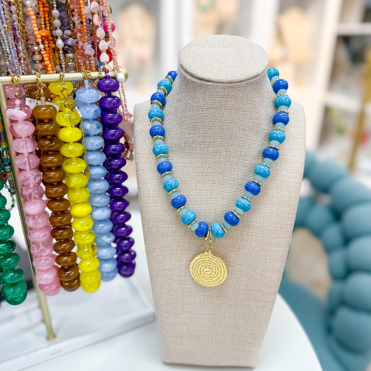 Lord's Prayer Blue Necklace