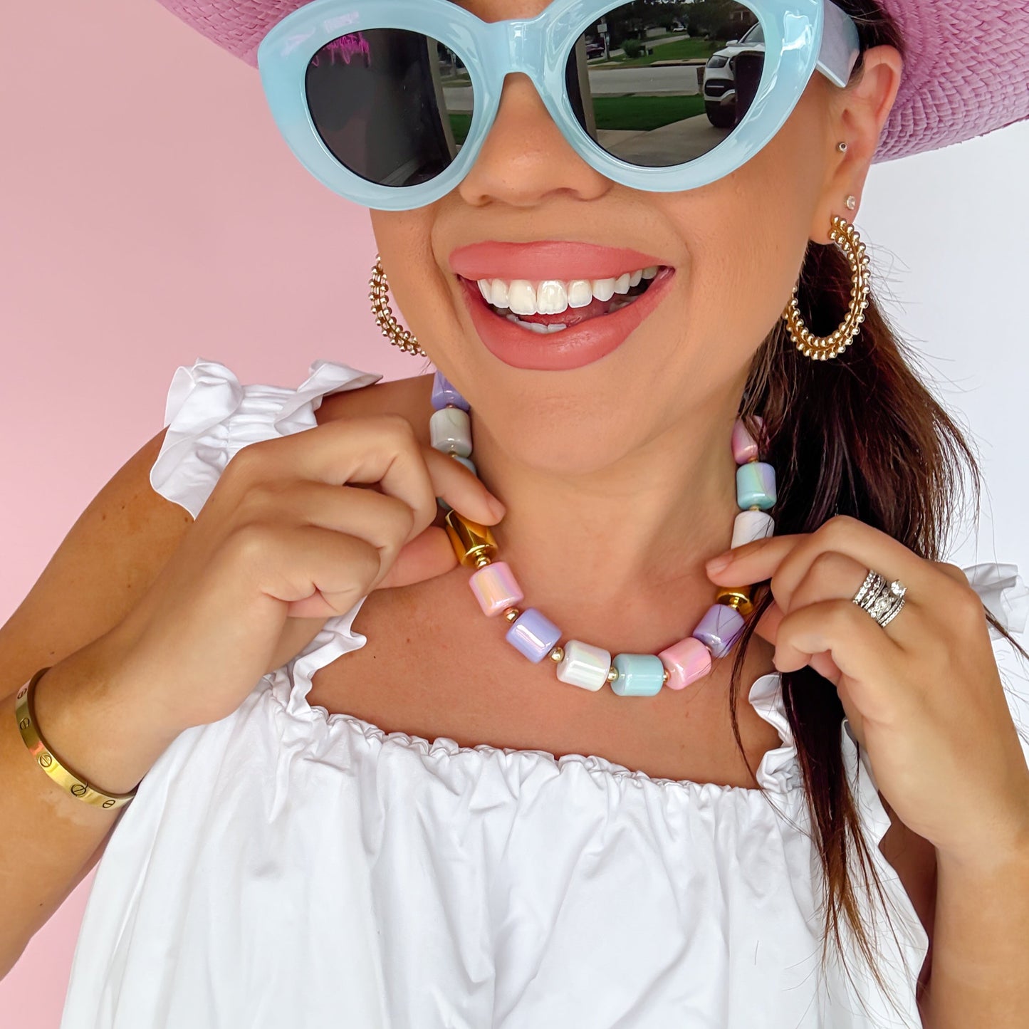 Colorful charms gold necklace featuring gemstone details, layered jewelry design, trendy accessory for women’s jewelry collections, boutique wholesale fashion necklace that is hypoallergenic, tarnish free, and waterproof jewelry with a cute aesthetic statement style