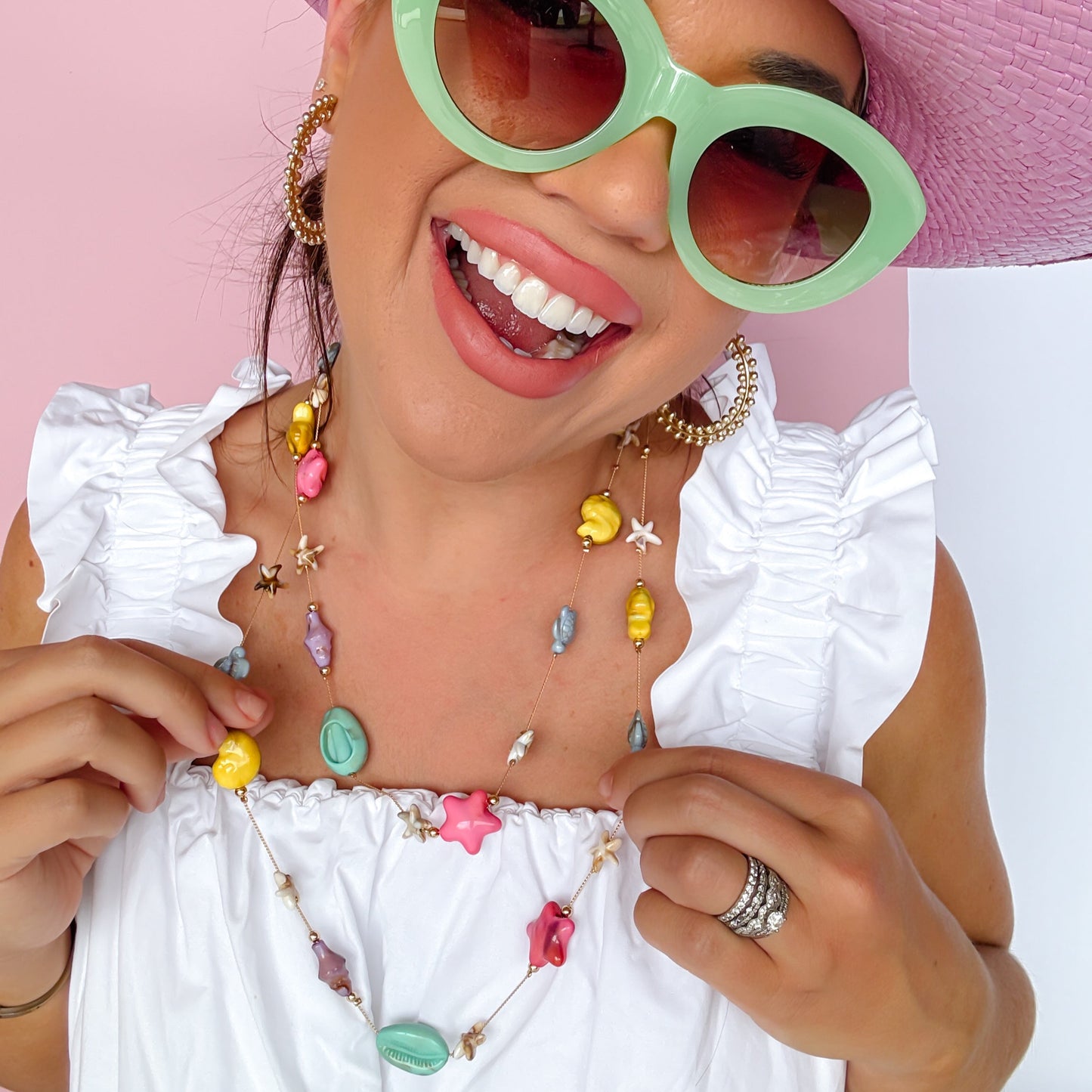 Colorful charms gold necklace featuring gemstone details, layered jewelry design, trendy accessory for women’s jewelry collections, boutique wholesale fashion necklace that is hypoallergenic, tarnish free, and waterproof jewelry with a cute aesthetic statement style,coastal