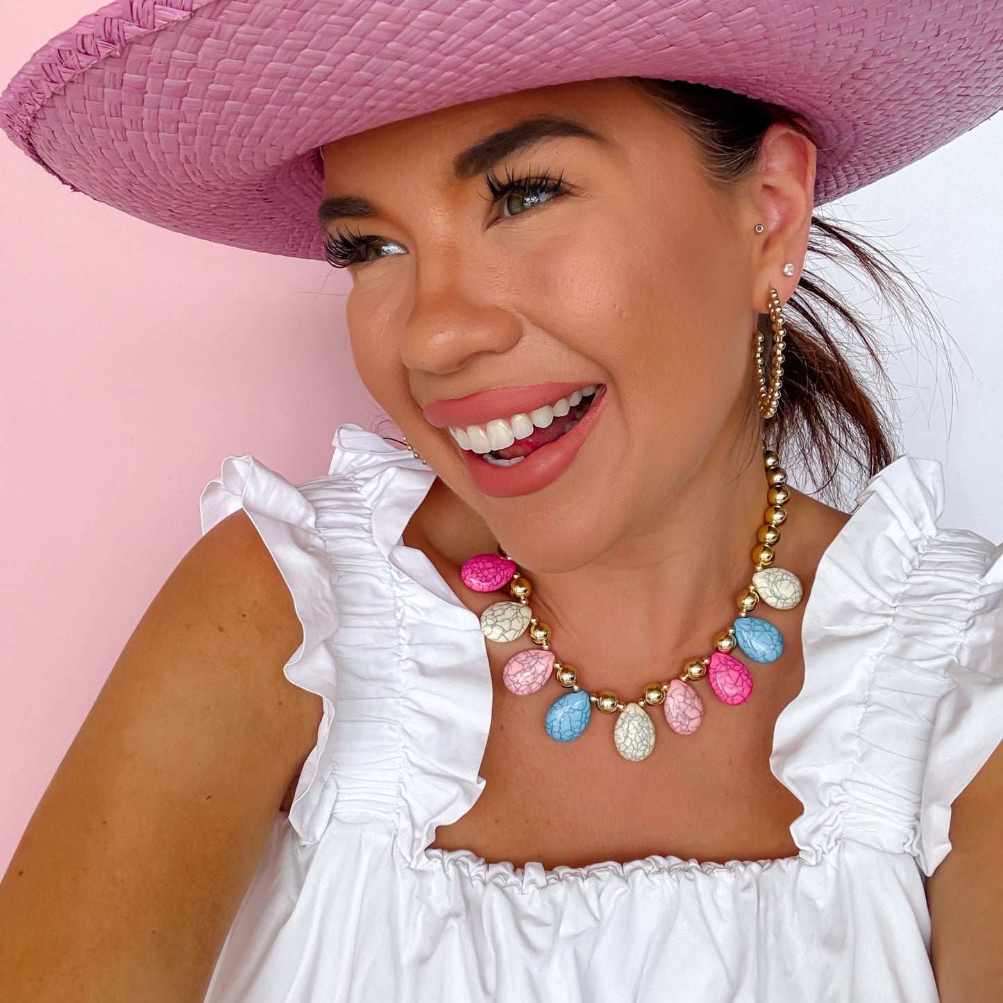 Colorful charms gold necklace featuring gemstone details, layered jewelry design, trendy accessory for women’s jewelry collections, boutique wholesale fashion necklace that is hypoallergenic, tarnish free, and waterproof jewelry with a cute aesthetic statement style