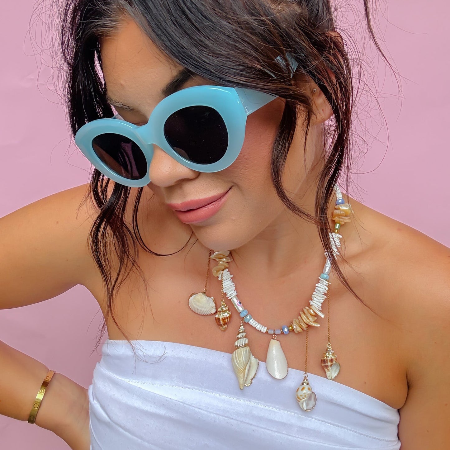 Colorful charms gold necklace featuring gemstone details, layered jewelry design, trendy accessory for women’s jewelry collections, boutique wholesale fashion necklace that is hypoallergenic, tarnish free, and waterproof jewelry with a cute aesthetic statement style,coastal