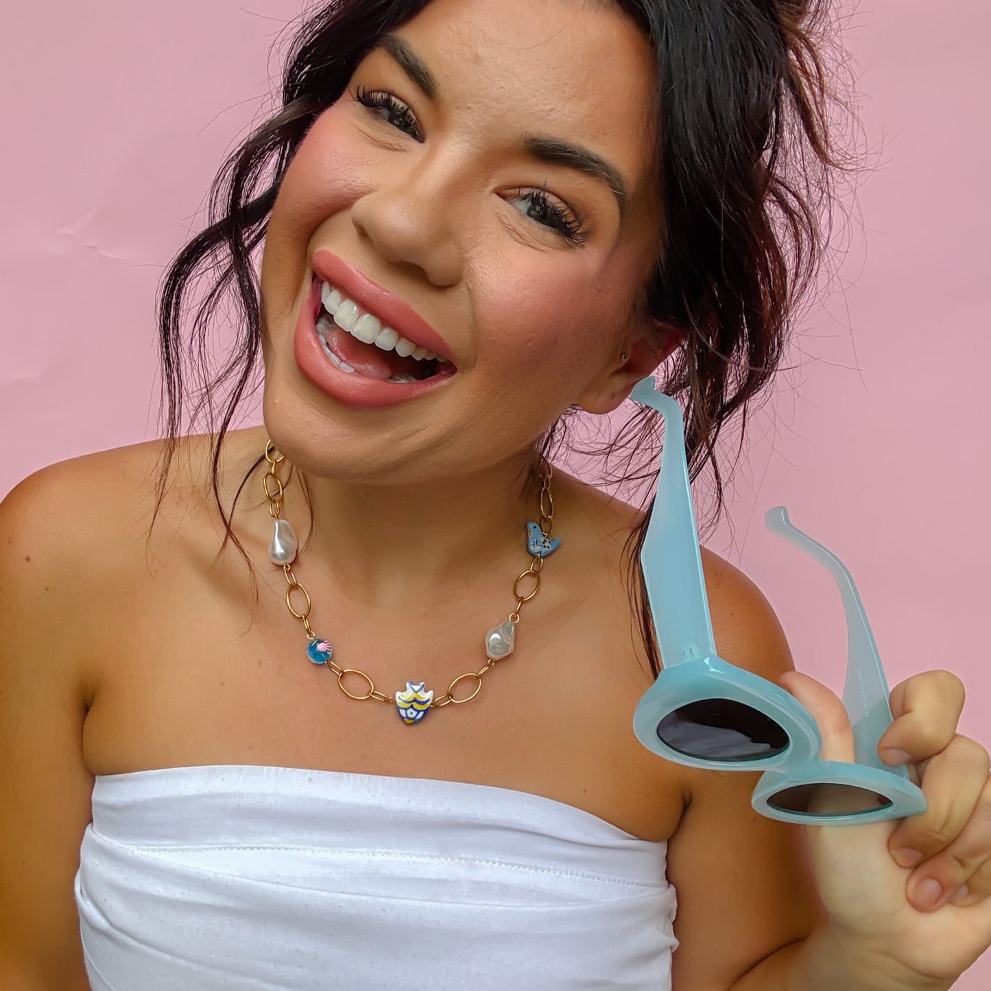 Colorful charms gold necklace featuring gemstone details, layered jewelry design, trendy accessory for women’s jewelry collections, boutique wholesale fashion necklace that is hypoallergenic, tarnish free, and waterproof jewelry with a cute aesthetic statement style,coastal