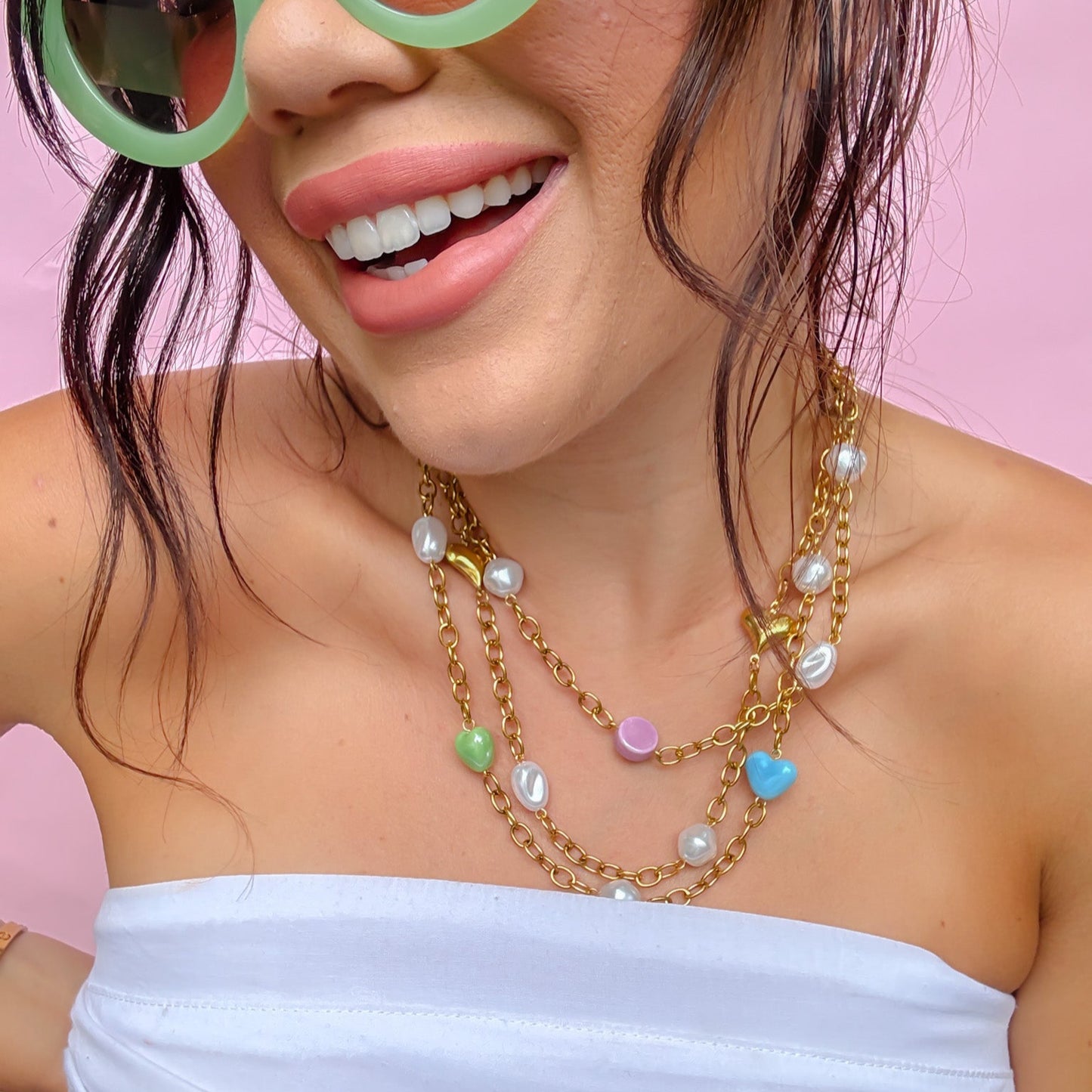 Colorful charms gold necklace featuring gemstone details, layered jewelry design, trendy accessory for women’s jewelry collections, boutique wholesale fashion necklace that is hypoallergenic, tarnish free, and waterproof jewelry with a cute aesthetic statement style