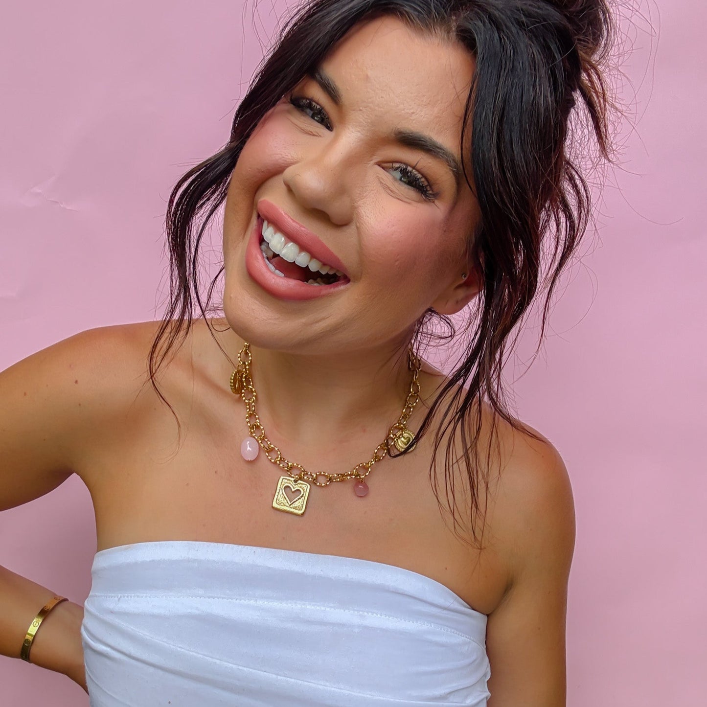 Colorful charms gold necklace featuring gemstone details, layered jewelry design, trendy accessory for women’s jewelry collections, boutique wholesale fashion necklace that is hypoallergenic, tarnish free, and waterproof jewelry with a cute aesthetic statement style