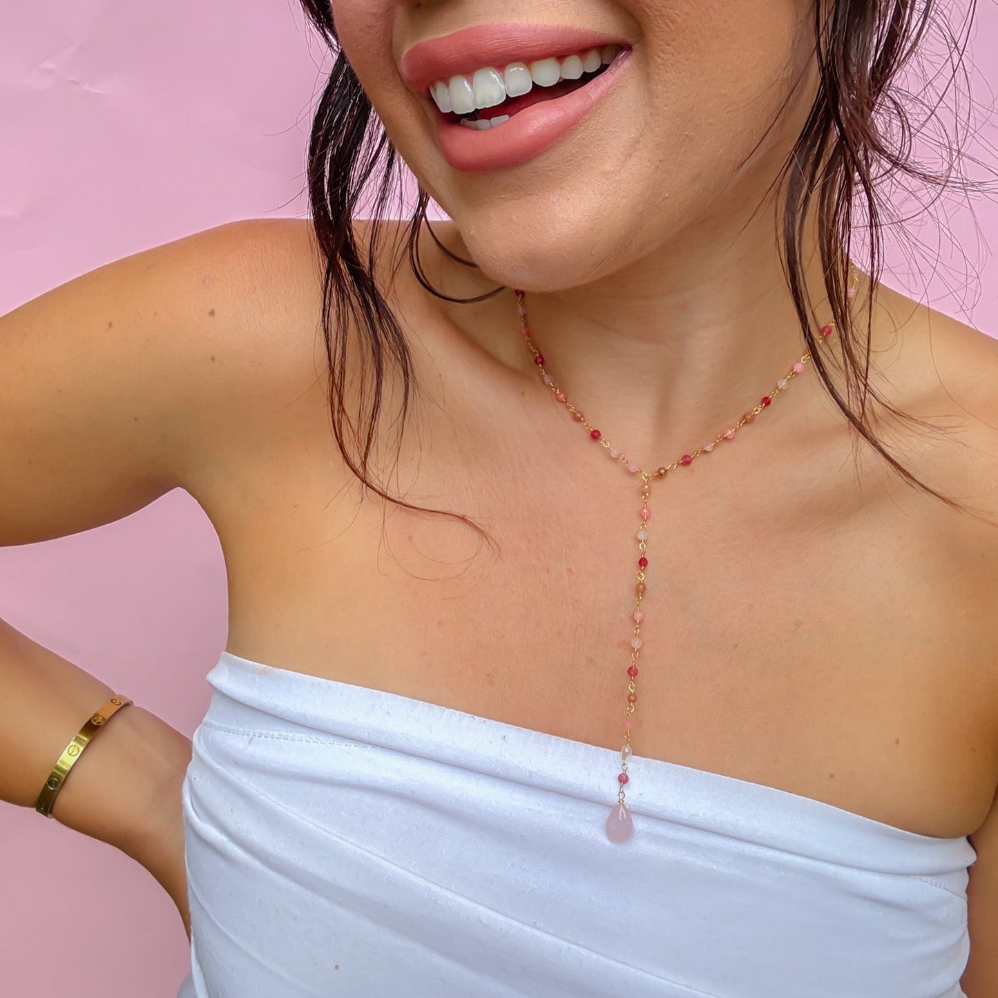 Colorful charms gold necklace featuring gemstone details, layered jewelry design, trendy accessory for women’s jewelry collections, boutique wholesale fashion necklace that is hypoallergenic, tarnish free, and waterproof jewelry with a cute aesthetic statement style