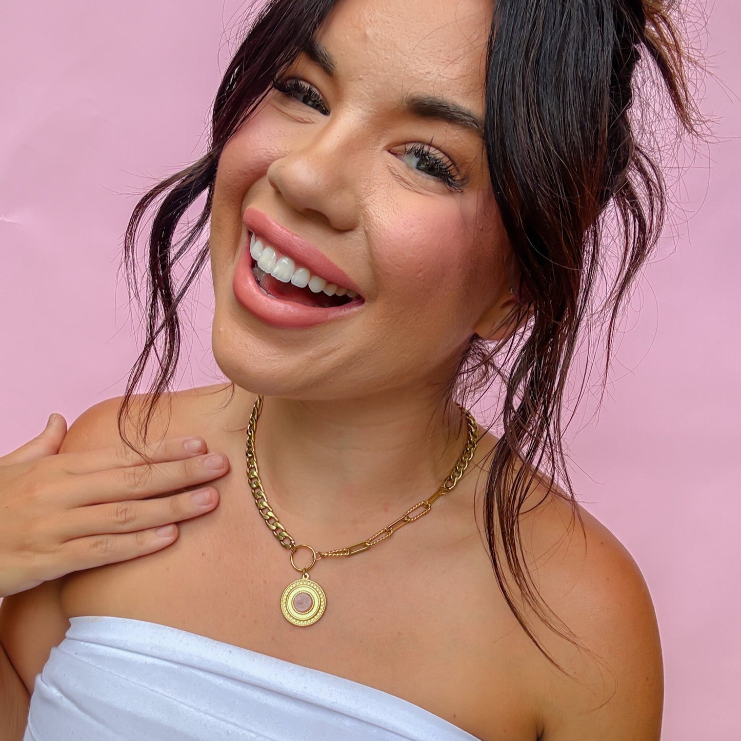 Gold mixed chain necklace, round textured pendant with pink stone center, statement accessory, trendy layered look, boutique wholesale jewelry, waterproof, hypoallergenic, tarnish free