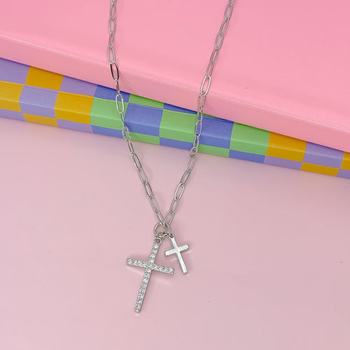 Double Cross Silver Necklace