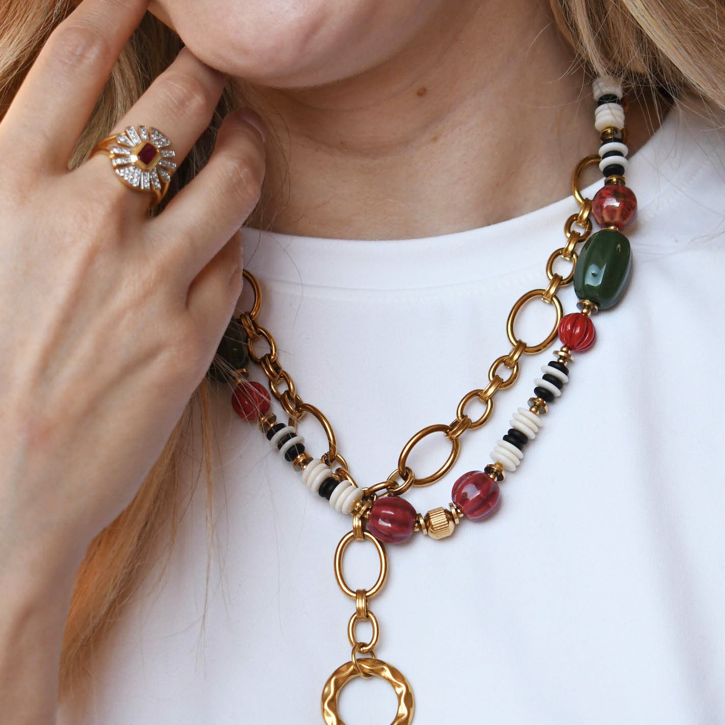 Colorful charms gold necklace featuring gemstone details, layered jewelry design, trendy accessory for women’s jewelry collections, boutique wholesale fashion necklace that is hypoallergenic, tarnish free, and waterproof jewelry with a cute aesthetic statement style