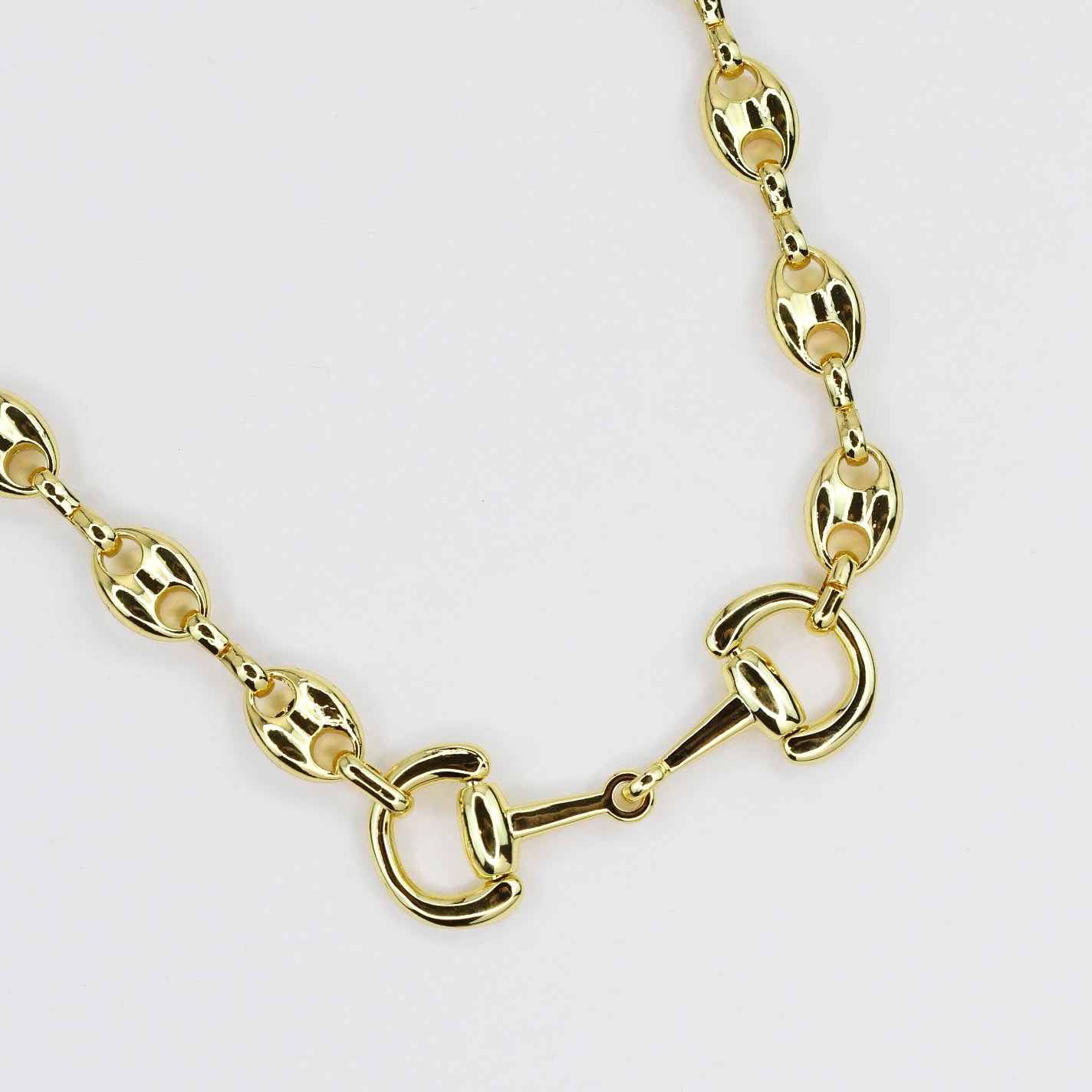 Gold horsebit necklace, equestrian style chain, polished gold link necklace, luxury boutique jewelry, waterproof tarnish-free accessory, elegant statement necklace for women