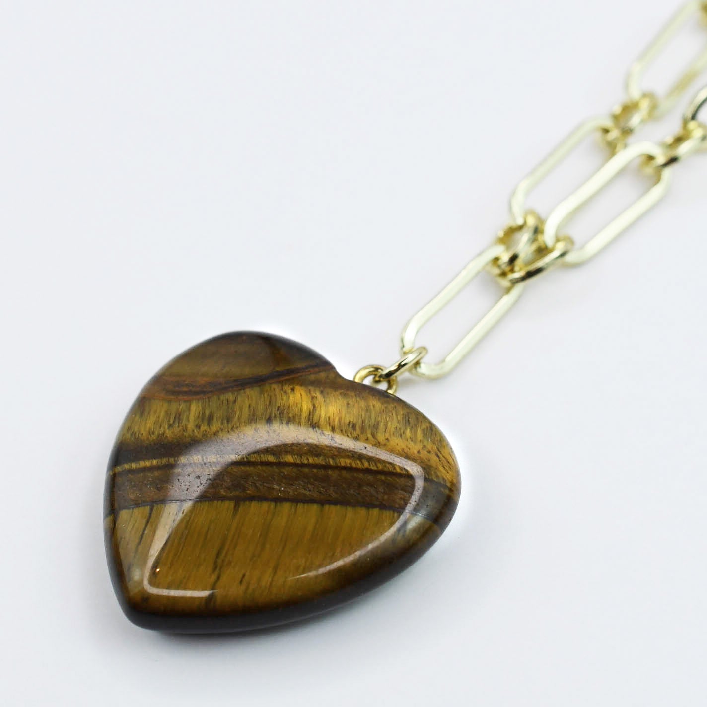 tiger eye heart pendant on gold chain, handmade gemstone necklace for women, boutique jewelry wholesale, hypoallergenic waterproof tarnish free accessory