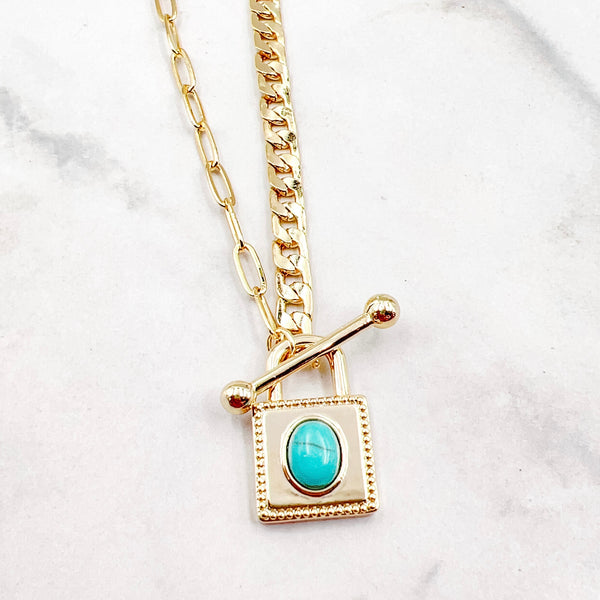Square Turquoise Gold Necklace L8