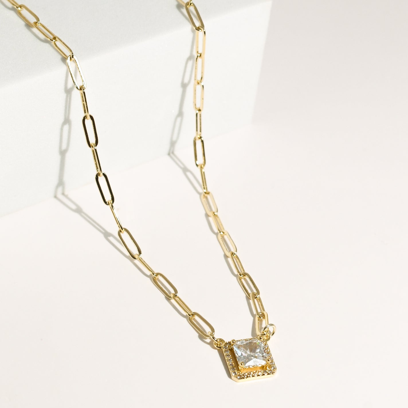 Dainty gold paperclip chain necklace with square crystal pendant, waterproof and hypoallergenic gold necklace, trendy boutique wholesale jewelry