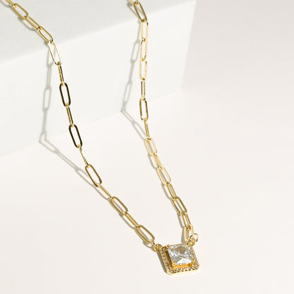 Dainty gold paperclip chain necklace with square crystal pendant, waterproof and hypoallergenic gold necklace, trendy boutique wholesale jewelry