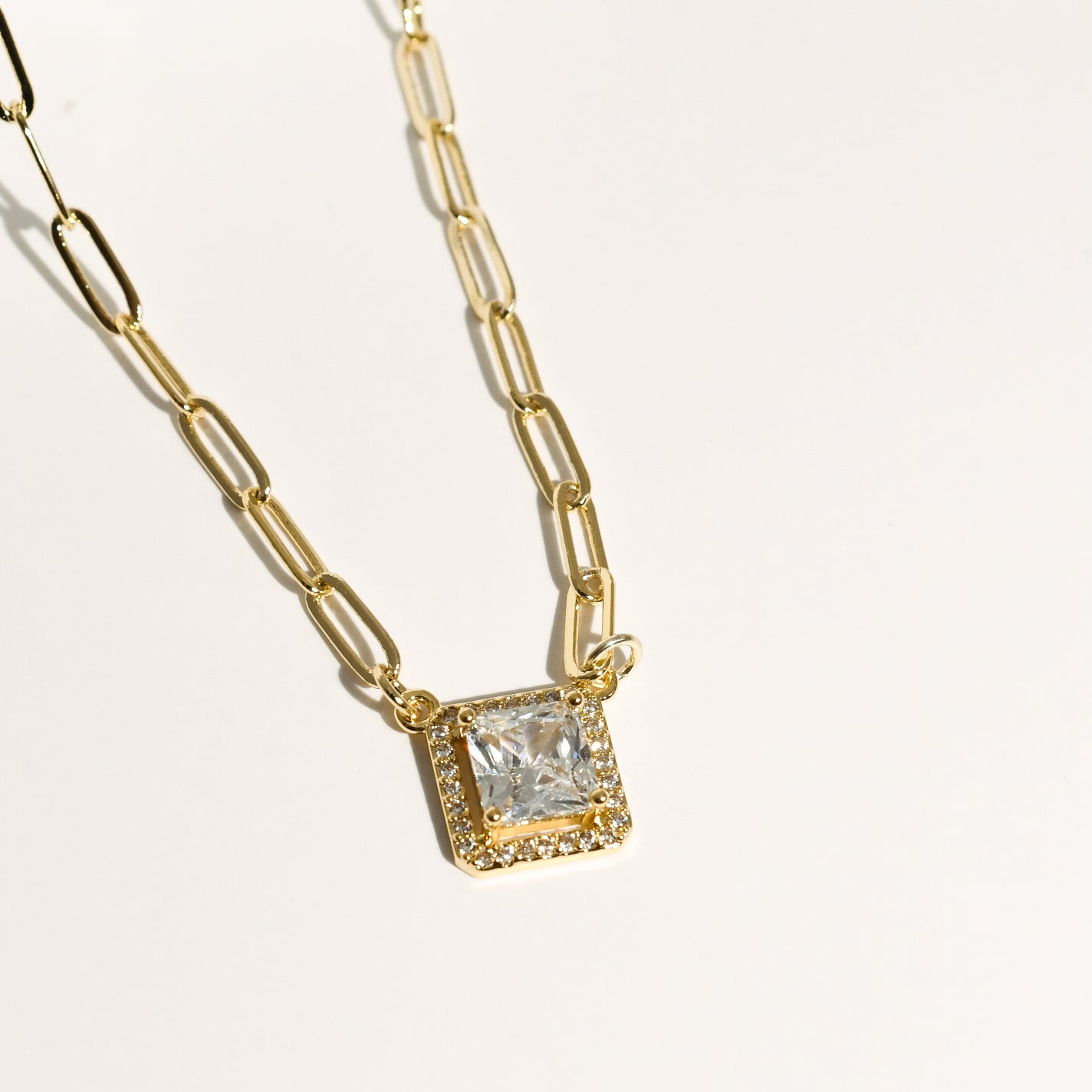 Dainty gold paperclip chain necklace with square crystal pendant, waterproof and hypoallergenic gold necklace, trendy boutique wholesale jewelry