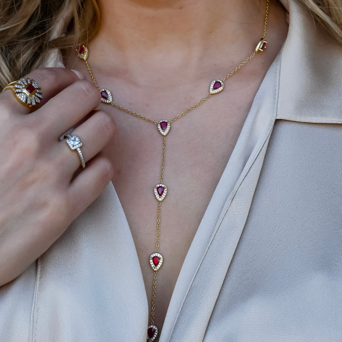 Dainty gold layered necklace, wholesale jewelry for women's boutiques, statement accessory, boutique wholesale jewelry, waterproof necklaces, statement gold necklace,trendy Gold necklace, waterproof gold necklace, hypoallergenic gold necklace,tarnish free Gold necklace, statement gold necklace gold lariat necklace with multiple red teardrop pendants