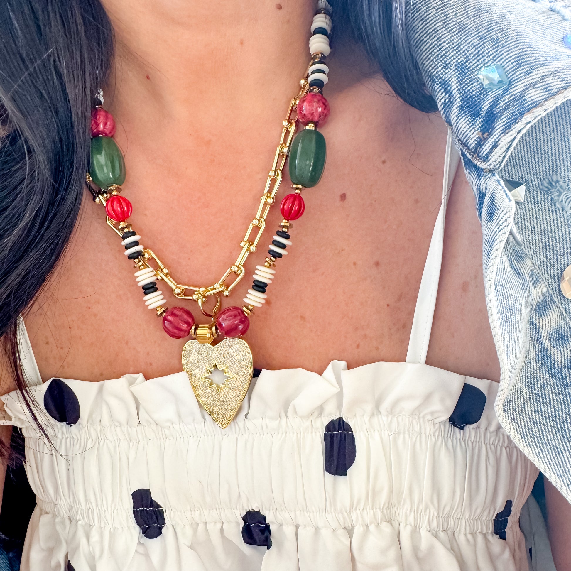 Colorful charms gold necklace featuring gemstone details, layered jewelry design, trendy accessory for women’s jewelry collections, boutique wholesale fashion necklace that is hypoallergenic, tarnish free, and waterproof jewelry with a cute aesthetic statement style